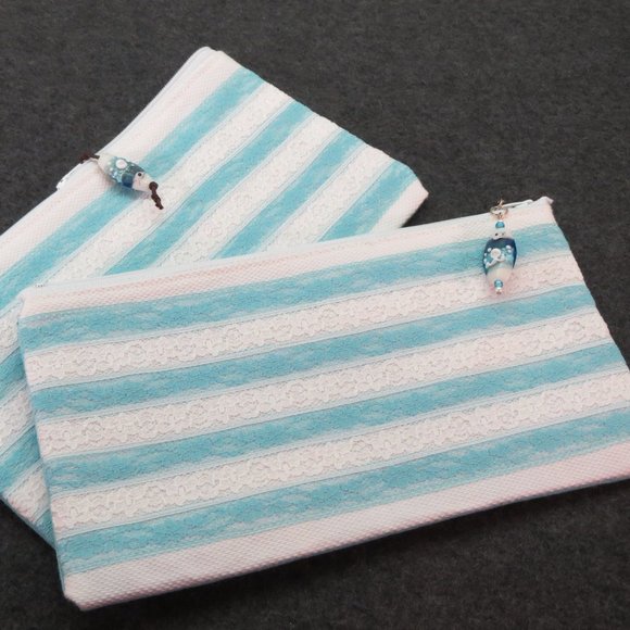 Set of 2 Blue Lace Stripe Zippered Clutch Makeup Bag Travel Kit NEW with tags - Picture 2 of 7